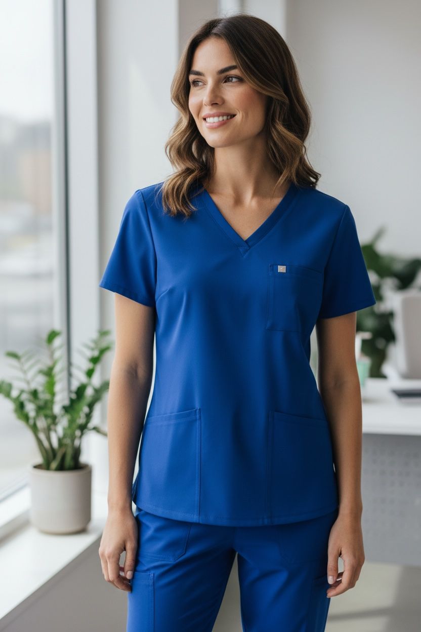 Woman wearing a blue scrub set in an office setting
