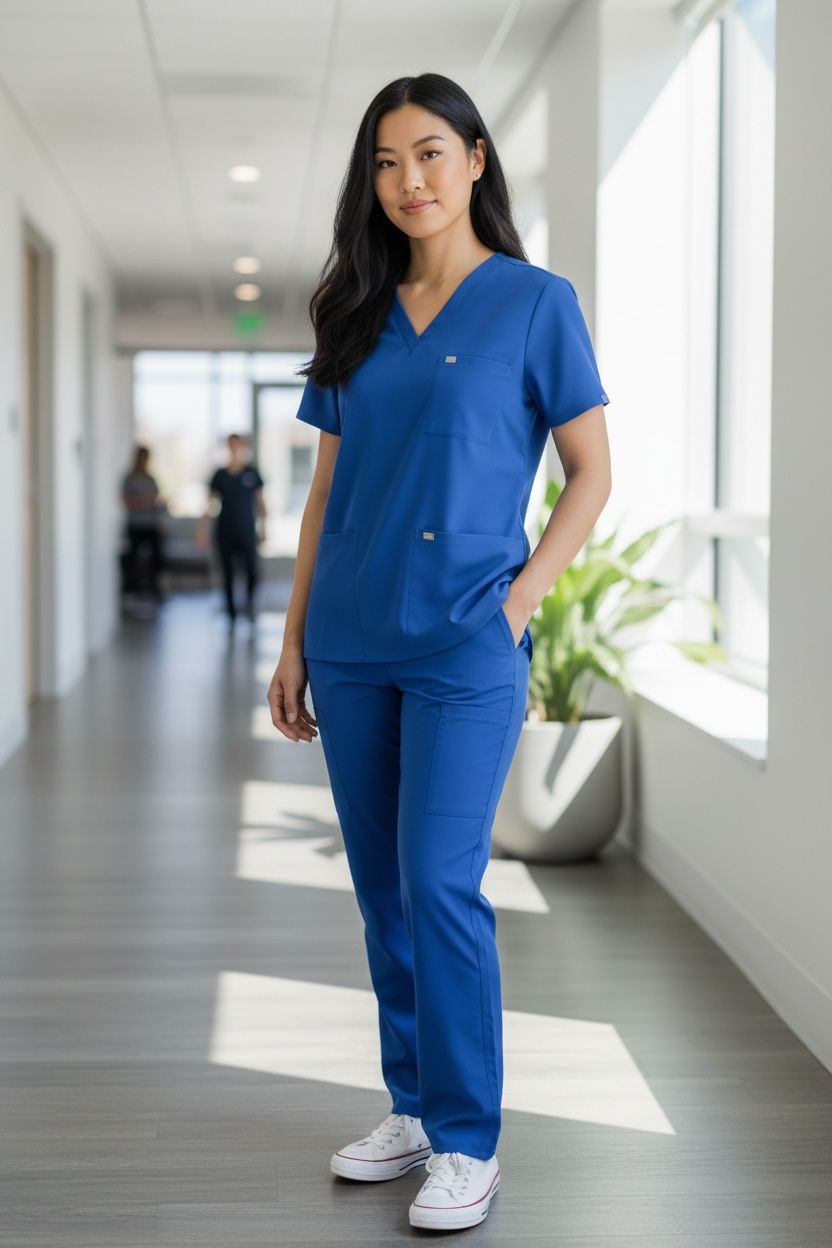Person wearing blue scrubs standing in a hospital hallway.