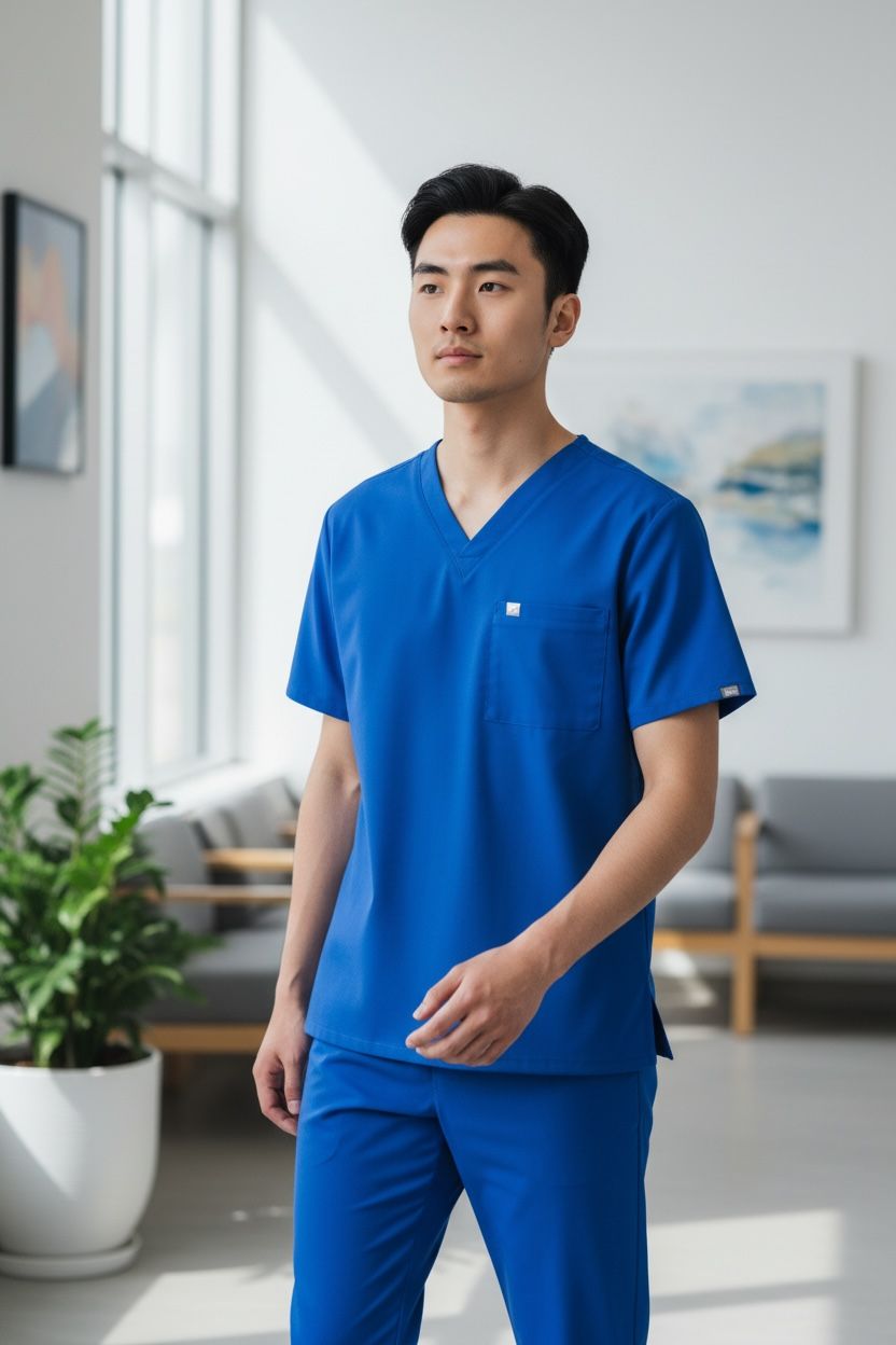 Person wearing a blue scrub set in a modern indoor setting