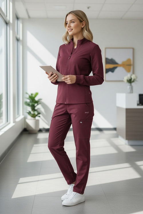 Woman in burgundy scrubs holding a tablet in a modern office setting