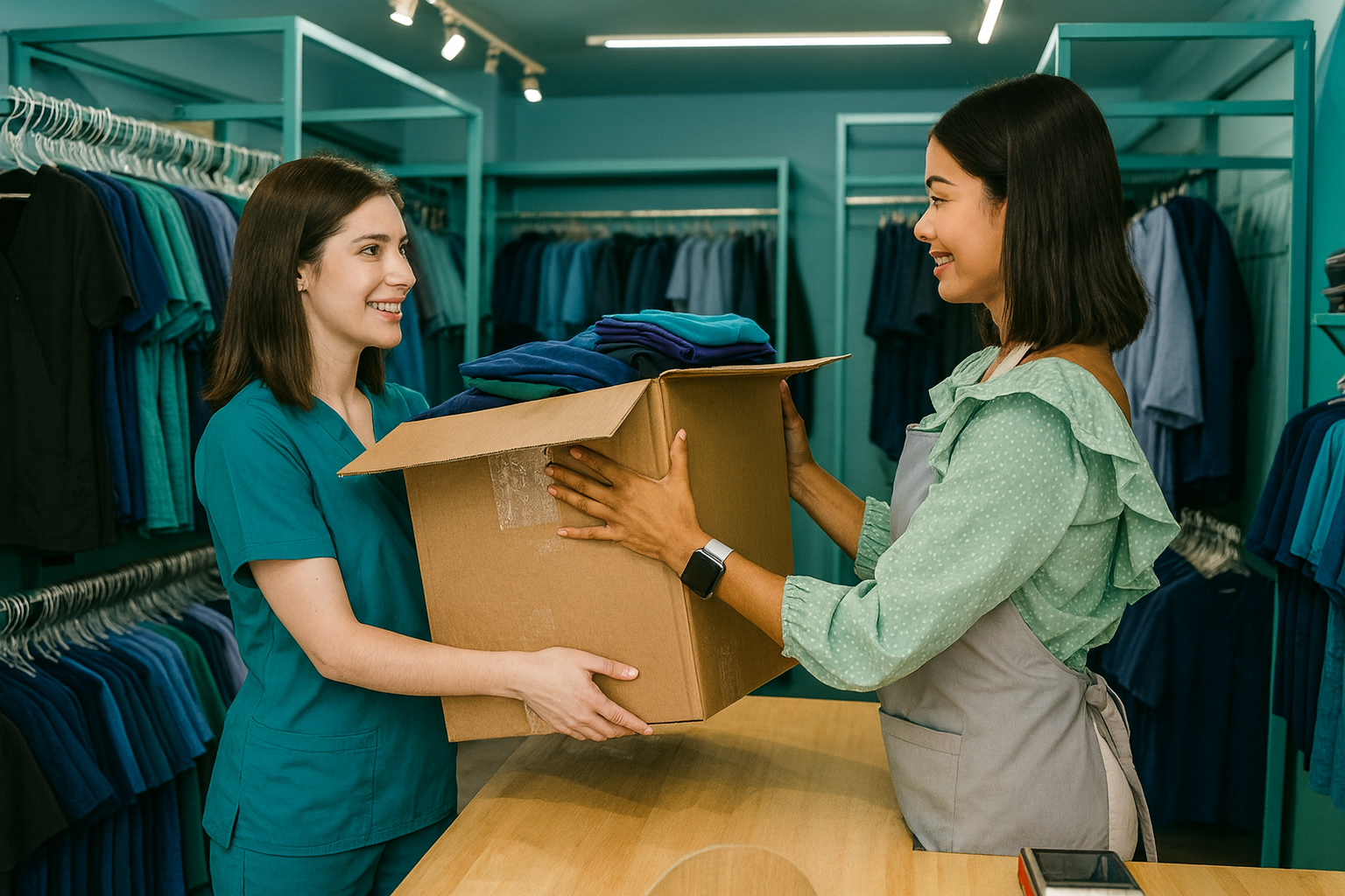 Two women in a clothing store with one handing over a cardboard box to the other.